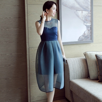  韓版高端實拍新款網紗拼接高腰大擺蓬蓬裙洋裝