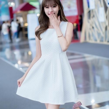 16夏季韓版實拍新款無袖背心裙蕾絲修身洋裝