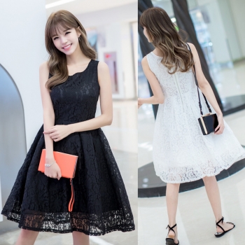 16實拍韓版新款夏裝無袖高腰蕾絲蓬蓬裙洋裝