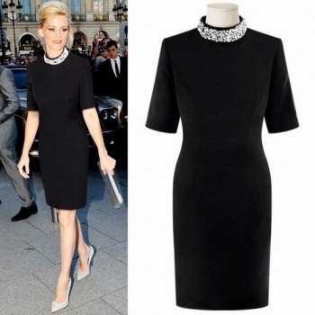 16春季歐美站新品圓領鑲鑽高雅氣質短袖連身裙洋裝