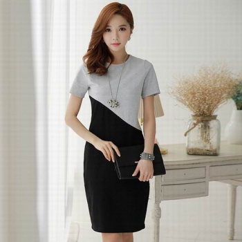 韓版魅力女人洋裝新款簡約拼接圓領短袖連身裙