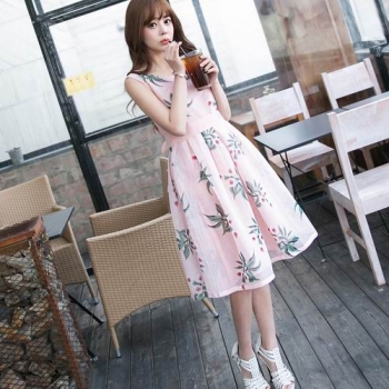 甜美公主氣質實拍新款歐根紗無袖印花長款連身裙洋裝