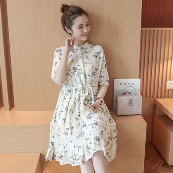 甜美可愛實拍洋裝新款清新繫帶印花雪紡荷葉邊連身裙