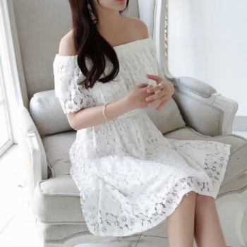 唯美仙氣實拍新款一字領露肩女神氣質度假連身裙洋裝