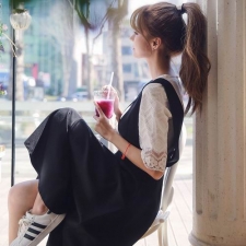 甜美可愛兩件套蕾絲上衣+背帶連身裙