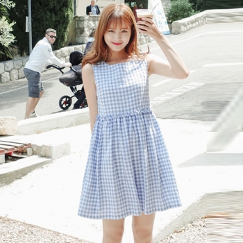 韓國東大門夏裝新款 文藝小清新收腰修身格子無袖連衣裙
