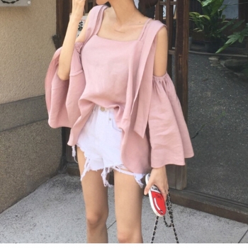 韓系浪漫度假寬鬆荷葉吊帶上衣
