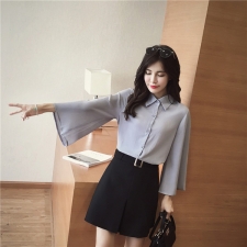 初秋_韓版女裝喇叭袖糖果色單排扣翻領寬鬆襯衣女潮