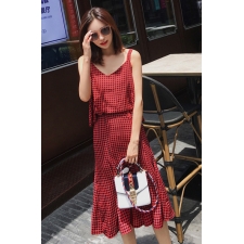 實拍2017夏季新款休閒女裝格紋吊帶上衣+魚尾半身裙兩件套裝